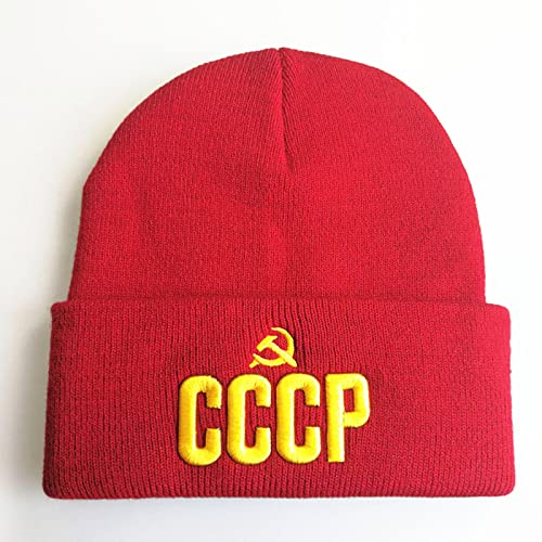 Ciamlir Mütze Herren CCCP UDSSR Stickerei Strickmütze Flexible Baumwolle Freizeitmützen Damen Mützen Herren Winter Warme Mützen, Rot, Einheitsgröße