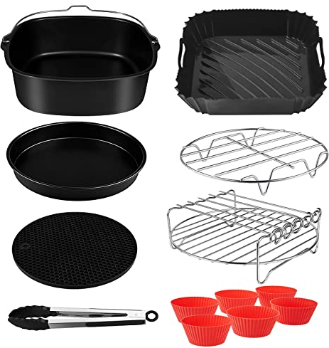 22CM Accessori Friggitrice Ad Aria, Set Di 13 con Quadrata Teglie Cestino in Silicone, kit per Cosori Innsky Uten Princess 5,5L-6,5L, Cecotec 6L Airfryer