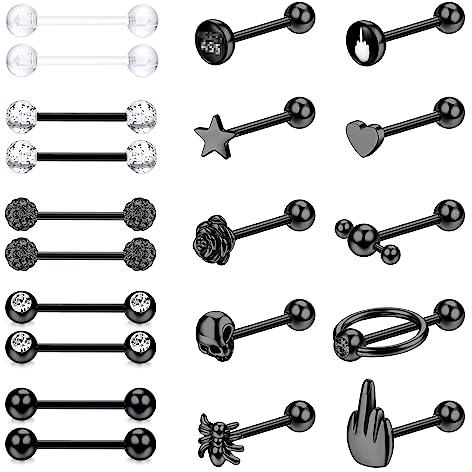 JeweBella 20 Stück 14G Zungenpiercing Set für Damen Herren Chirurgenstahl Nippelpiercing Zungenpiercing Silber/Schwarz Barbell Brustwarzenpiercing Zungenpiercing 16 mm Stablänge