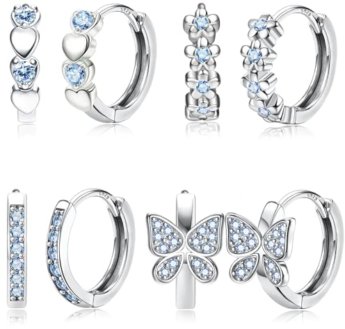 JeweBella 4 Paar Ohrringe Silber 925 Mädchen Kinder Kleine Creolen Silber 925 Hypoallergen Schmetterling Herz Blumen Creolen Ohrringe Set Schlafen Knorpel Ohrringe Mädchen Damen Rosa/Lila/Blau/Bunt