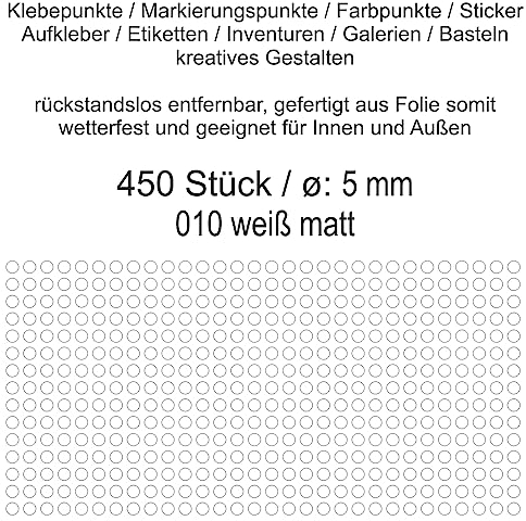Aufkleber Etiketten Klebepunkte aus Folie 450 Stück weiß matt rund 5 mm selbstklebend farbig wetterfest Decal Markierungen Organisieren DIY basteln verzieren Modellbau Scrapbooking