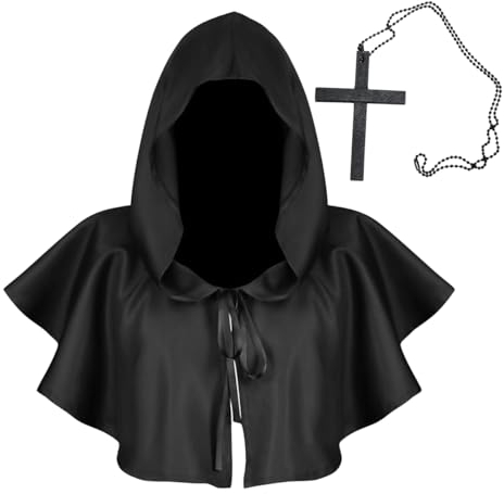 PIUMOJ Mittelalter Kurzhaube Kapuzenmantel Halloween Grim Gugel Mantel Mittelalter Kapuzen Haube Hut Poncho Cosplay Kostüm für Männer Frauen, mit Kreuz-Halskette, Schwarz
