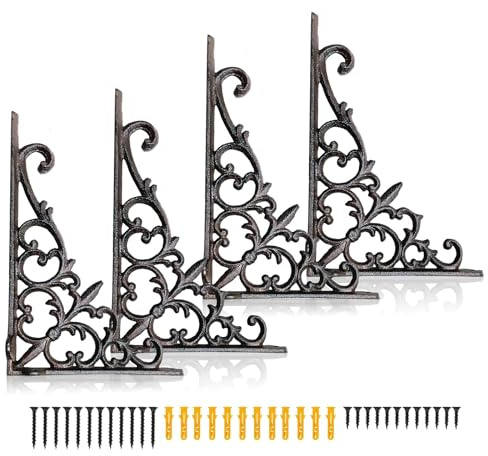 Z METNAL Cast Iron Shelf Brackets 4 Pack Heavy Duty Victorian Ornate Brown | 110lb Max Load, Retro Design Rust Resistant, Easy Wall Mount, for Bedroom Kitchen Bathroom Living Room Balcony