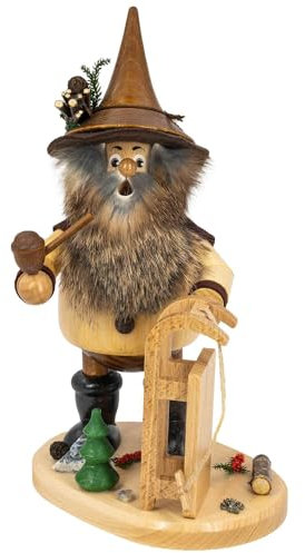 Drechselwerkstatt Uhlig DWU | Erzgebirgisches Räuchermännchen Räuchermann | Weihnachtsdekoration Handwerkskunst | Waldwichtel 25 cm | Schlittenfahrer