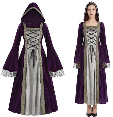 maxToonrain Costume Medievale da Donna Bianco, Costumi di Halloween da Donna Vestito Rinascimentale Bordeaux Vintage Gotico Velluto Vestiti Vittoriani Travestimento Libro del Mondo per Donna (Viola, L