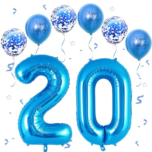 VUCDXOP Blau Luftballon 20, XXL Riesige Geburtstag Ballon 20, 40 - 101cm Ballon Zahl Deko Folienballon Zahlen 0 & 2, Geburtstagsdeko Jubiläum Party Deko, Fliegt mit Helium (Nummer 20)
