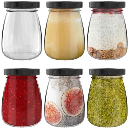 HEFTMAN Small Glass Jars with Lids - Set of 6 100ml Empty Airtight Glass Shot Bottles with Lids Travel Size Leak-Proof Pudding Pots, Yogurt Pots, Mini Honey Jars, Small Jam Jars with Lids (100ml)