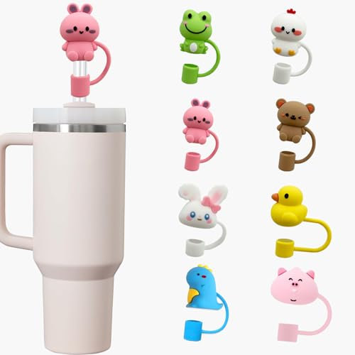 Oathast Stanley Cup Straw Cover, 8 Pcs 10mm Animal Straw Toppers Stanley Cup Accessories Silicone Stanley Straw Topper Covers Cap Cute for Stanley Simple Modern Tumblers 40oz 30oz & 20oz
