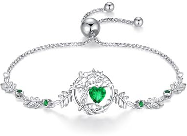 FANCIME Bracelet Arbre de Vie Femme, Argent Sterling 925 Plaqué Or Blanc 14K avec Pierres de Émeraude, Bijou Cadeau Anniversaire, Longueur Réglable