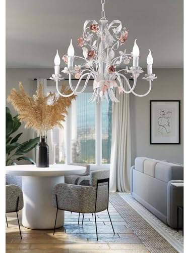 Generico Lampadario in ferro battuto bianco con rose a 5 luci pre ls 167/5 per camera da letto, salotto, soggiorno, sala da pranzo.