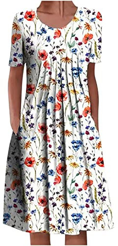 Robes Casual Femme Plissée à Col Rond Robe Floral Imprimé Robe d'été Mini Robe à Manches Courtes Robe Slim Fit Courte Fleurie Décontracté Robe Bohème Robe Imprimé Floral Elégant