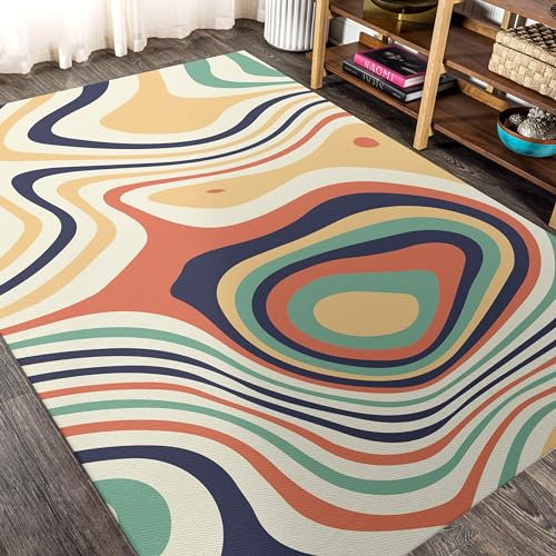 Retro 70Er Jahre Bunt Teppich,Akzent Trippy Dünner Einfache Pflege Kurzflor Waschmaschinenfest Teppich - Druck Bodendekoration Für Wohnzimmer, Schlafzimmer Und Die Küche 50 X 80Cm