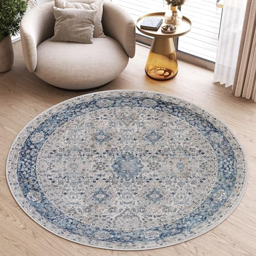 TAPISO Valley Rund Teppich Kurzflor Weiß Grau Blau Ornament 240 x 240 cm | Used Effekt Meliert Verwischt Vintage Wohnzimmer Schlafzimmer OEKO-TEX