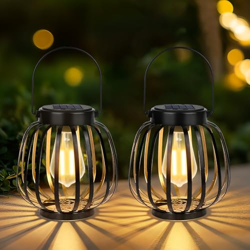 Solarlampen für Außen Hängend, GuKKK 2 Stück Solarlaterne für Außen, Solar Laternen IP65, Metall Solar Laternen für Draußen mit Größer LED-Glühbirne, für Außen Garten Deko Balkon Beleuchtung