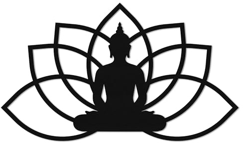 ebenkunst Buddha mit Lotusblüte Wanddeko – spirituelles Wandbild aus MDF | Schwarz durchgefärbtes MDF, Buddha mit Lotusblüte, S 55 x 32 cm & M 85 x 50 cm, Made in Germany
