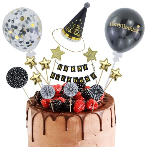 12 Stück Tortendeko Schwarz Gold, Happy Birthday, Kuchendeko, Cake Topper Schwarz, Papierfächer Sterne, Cupcake Tortenstecker