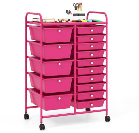 GOPLUS Desserte à roulettes avec 15 Tiroirs en Plastique Coulissant, Cadre en Fer, 63x37x87CM, Chariot de Rangement à roulettes, 2 avec Frein, Poignée Latéral, pour Chambre, Bureau (Rose Foncé)