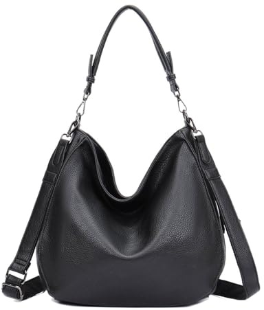 ITALYSHOP24 OBC Damen Tasche XXL Shopper Hobo Bag Schultertasche Crossbody Umhängetasche Beuteltasche Handtasche Crossover Leder Optik Schwarz V1