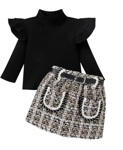 LUVCES Vetement Bebe Fille Manches Longue en Tricot à Volants Hauts + Elegant Mini Jupes à Carreaux 2 Pièces Vêtements Tenues d 'Automne Hiver Noir 12-18 Mois