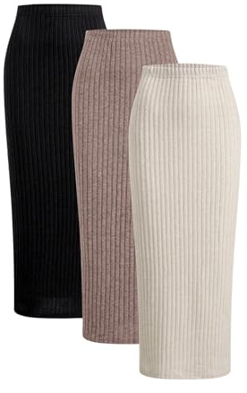 SOLY HUX Damen 3er Set Rock Strickrock Basic Langer Rock Bleistiftrock Bodycon Herbstrock Freizeitrock Beige Mehrfarbig L