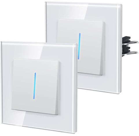 BSEED Lichtschalter aus Glas,Unterputz Schalter mit Krallen, Wechselschalter mit Hintergrundlicht, Einfach Montage, NEU E-Serie,1 Fach 2 Wege - 2Pack,86mm Weiß