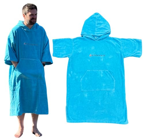 Stravaig Frottee-Poncho für Erwachsene und Kinder (350 g/m²) – leicht zu wechselnder Frottee-Bademantel zum Schwimmen, Surfen, Wildschwimmen, Strand (Blau, Größe S-M)