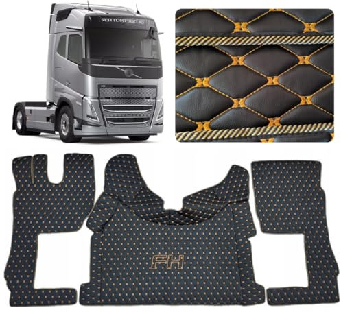 Auto Teppich für LKW Fahrerkabine Set kompatibel mit VOLVO FH4 FH5 FH Aero (Schwarz, goldener Näht)
