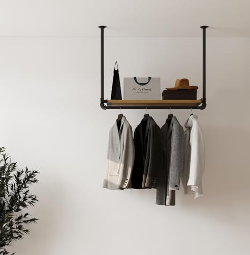 RSR Hangers Kleiderstange „MIK“ Garderobe Industrial Design für Decke Garderobenstange Eichenholzbrett | Breite 60 cm x Höhe 70 cm | Deckenmontage | Ankleidezimmer | Flur | begehbarer Kleiderschrank