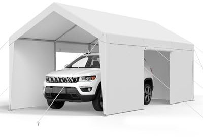 VEVOR Tente Garage, 3,65 x 6,09 m, Carport Abri de Voiture Extérieur avec Parois Latérales Amovibles et Portes, Résistant aux UV et à l'eau, Protection Toutes Saisons pour Automobile et Bateau, Blanc