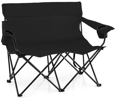COSTWAY 2-Person Folding Camping Chair, Heavy-Duty Double Camp Loveseat with Cup Holders and Carrying Bag, Oversized Portable Beach Chair for Picnic Travel Campsite (Black)