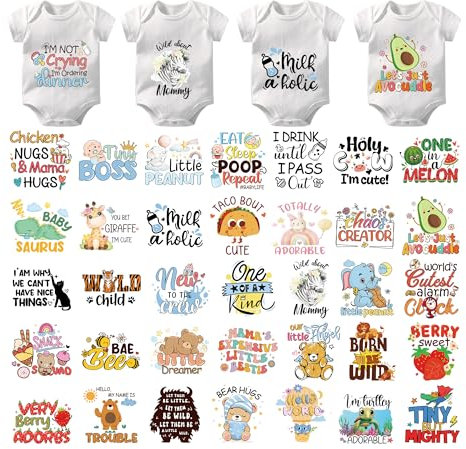 Baby Iron On Transfers Kit - 36 Pcs Cute Animal Heat Transfers Stickers Patches Onesie Decorating Baby Shower Iron On Patches Decals for Kids T-Shirt Decor Hoodie Bibs Bodysuit Clothing DIY Crafts