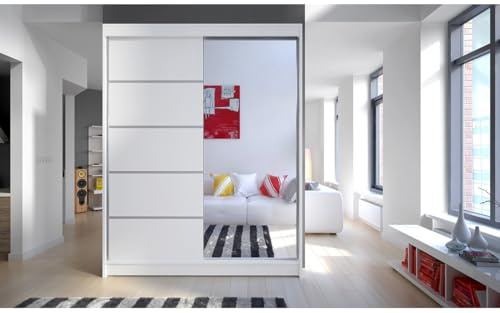 Easy4You London 150 cm Sliding Door White Wardrobe with Mirror Widths 100/120/150/180/200 cm Furniture for Bedroom Living Room Wardrobe with Hanging Rail