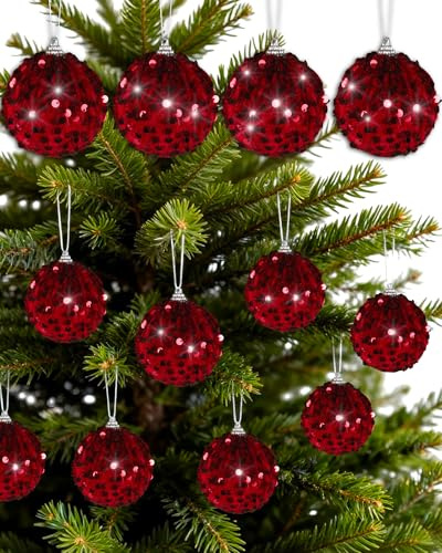 JBRQUEY 8 Stücke Weihnachtskugeln Rot Set, 8cm Christbaumkugeln Rot, Glänzend Pailletten Samt-Glitzer Groß Rote Weihnachtskugeln für Weihnachtsfeierdekorationen