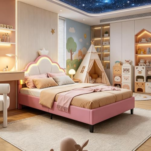 Bett für Mädchen, 140 x 200 cm mit Kopfteil in Kronenform, für Einzelbett mit verstellbarer LED, Prinzessinnen-Bettrahmen, gepolstertes Bett mit Lattenrost, gepolstert, in Rosa (Rosa, 140 x 200 cm)