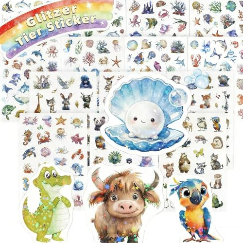 Tier Glitzer Sticker Kinder, 14pcs mit Glitzereffekt Tiersticker,Uber 150 Motiv Holografische Tiere Waldtiere für Journaling, Fotoalbum, Sammelalbum,Kühlschränke, Fahrräder