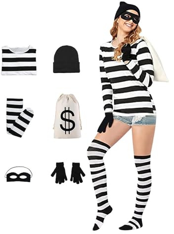 Nuqqichongtian Räuber Kostüm Einbrecher Bankräuber für Erwachsener Räuber Set Halloween Kostümset für Räuber T-Shirt Mütze Handschuhen für Karneval Fasching