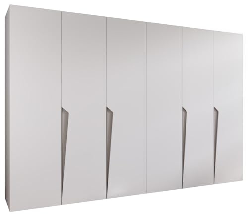 MEBLE KRYSPOL - Kleiderschrank - Garderobenschrank - 300 cm x 202 x 52 cm - Schrank mit Kleiderstange, 6 Türen - für Schlafzimmer, Flur - Piano, Weiß, Griff Kaschmir