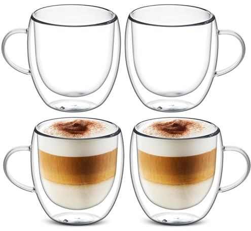 Bankeep - Juego de 4 tazas de café de doble pared de cristal de café, 250 ml, resistentes al calor, con leche, capuchino, laton), apilables y transparentes, ideales para bebidas frías y calientes