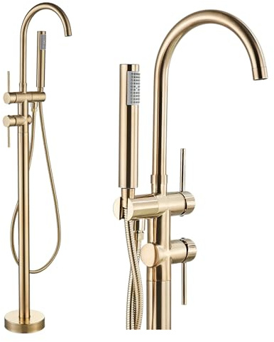 Ari Freistehende Badewannenarmatur SLIM TUBE Bodenmontage Badewannenmischer mit Wasserfall Auslauf 360 Grad Drehbar inkl Handbrause und Keramikventil aus Messing Wannenarmatur (Gebürstetes Gold)
