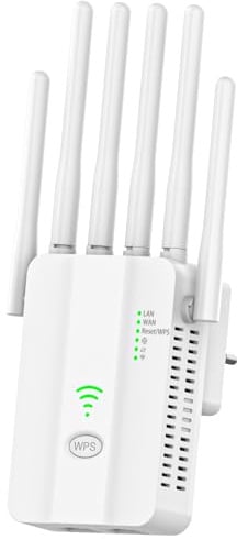 Ripetitore WiFi Potente, wifi extender, Amplificatore WiFi con 6 Antenne, 2 Porte LAN, Modalità (Ripetitore/Router/AP), Copre fino a 3000 piedi quadr, per Casa e Ufficio, Installazione Semplice