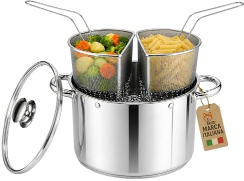 AkitaInk Bollipasta 20 cm in Acciaio Inox con 2 Cestelli e Coperchio in Vetro, Scolapasta con cestello, Pentola per Pasta e Verdure, Pratica e Resistente
