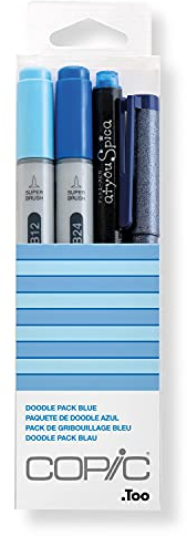 COPIC Ciao Set Doodle Pack Blue, 4er Set mit 2 Twin Marker mit einer mittelbreiten und einer Brush-Spitze inkl. Multiliner und Glitter Pen