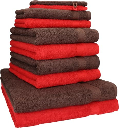 Betz 10-TLG. Handtuch-Set Premium 100% Baumwolle 2 Duschtücher 4 Handtücher 2 Gästetücher 2 Waschhandschuhe Farbe Rot & Nuss Braun