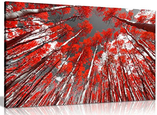Red Trees On Black and White Background Canvas Wall Art Picture Print (30x20in)