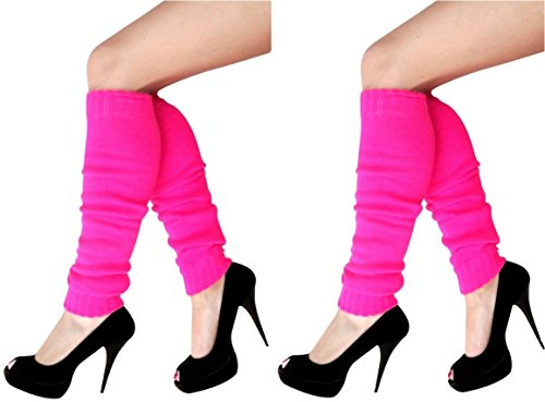 krautwear Damen Mädchen Schweißbänder Stirnband 2 Armbänder Beinstulpen Handschuhe 80er Jahre Set Neon Pink (2X Stulpen Pink)