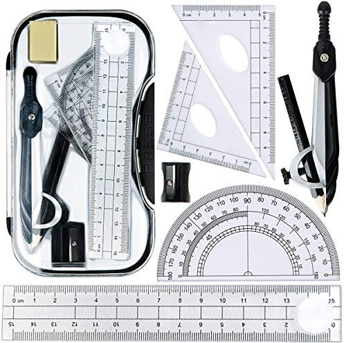 Maths Set, Geometry Compasses Set 8pcs School Protractor Rulers Set Squares for Maths Learning Home Schooling in Carry Case