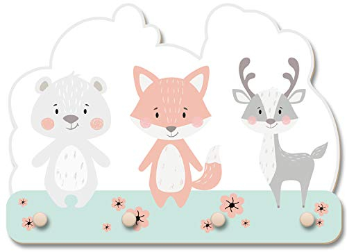 Kreative Feder KWG001 Porte-manteau mural en bois MDF style norvégien pour chambre d'enfant Motif ours, renard et renne Fabriqué en Allemagne 40 cm x 27 cm