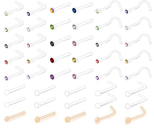 Rajnard 20G Piercing nez flexible transparent en plastique pour le travail goujon vis de nez en forme de L diamant CZ Piercing retainers pour femmes hommes couleur de peau