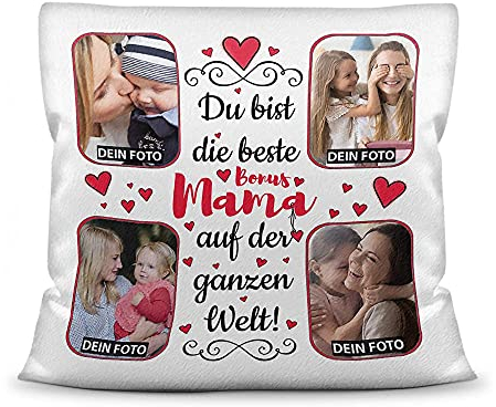 Kissen mit Füllung zum selbst Gestalten mit 4 Fotos - Für die Beste Bonusmama - Hochwertige Kissenhülle mit Reißverschluss, Weiß flauschig, 40 x 40 cm