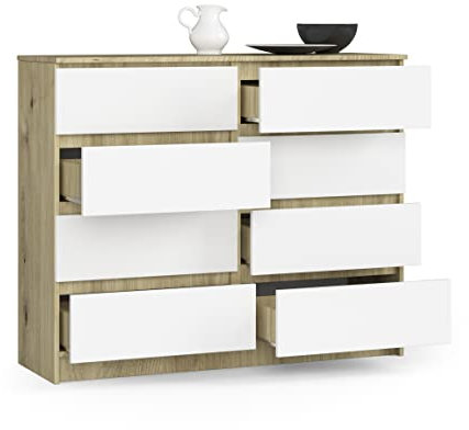 BDW Kommode, 8 Schubladen, viel Stauraum, Kleiderschrank, Flur, Badezimmerschrank, Kommode, Multifunktionsschrank. Abmessungen: 120 x 99 x 40 (Eiche Artisan - Weiß)